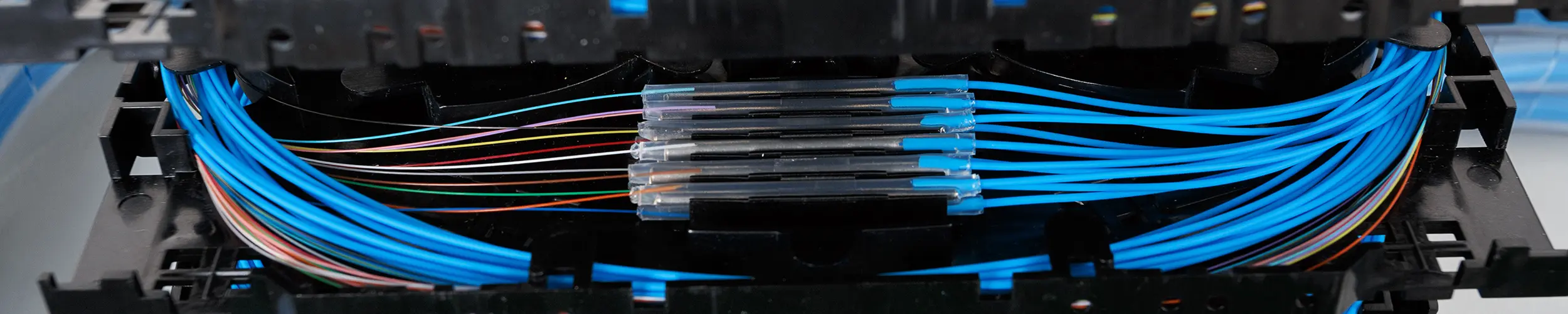 cassette An array of colorful fiber optic strands in a splice tray