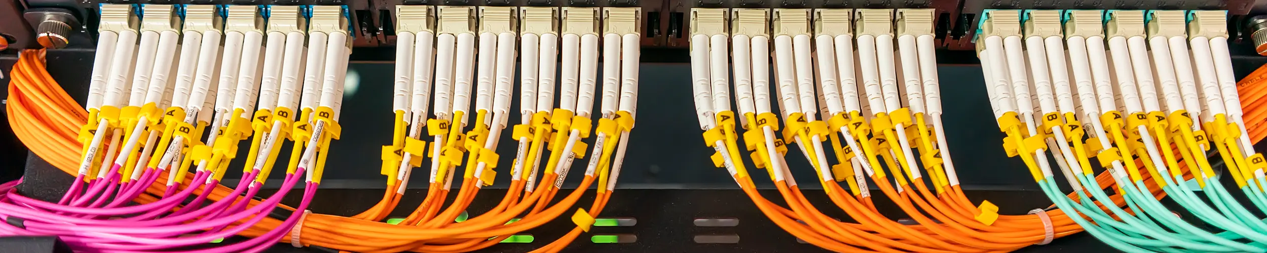 Colored fiber optic patch cords plugged into a patch panel